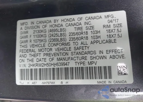 2017 Honda Cr-V Ex z USA, uszkodzony, nr VIN 2HKRW2H50HH639947